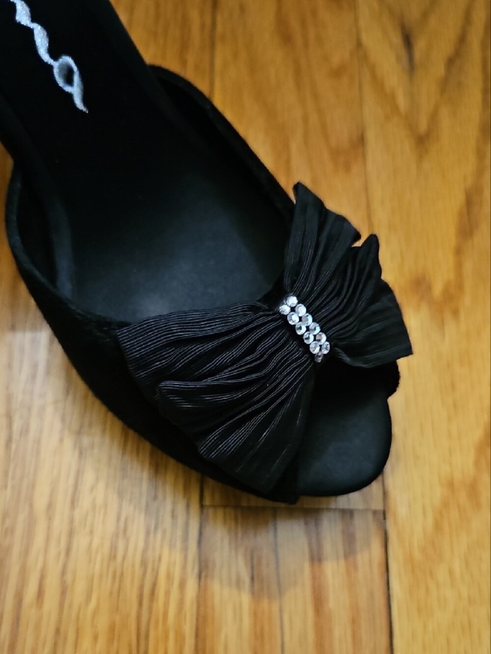 Nina Black Satin Bow Slingback Heels with Rhinestone Accent